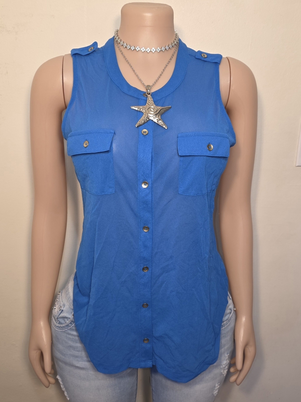 The Limited Bright Blue Sheer Sleeveless Button-Front Utility Blouse